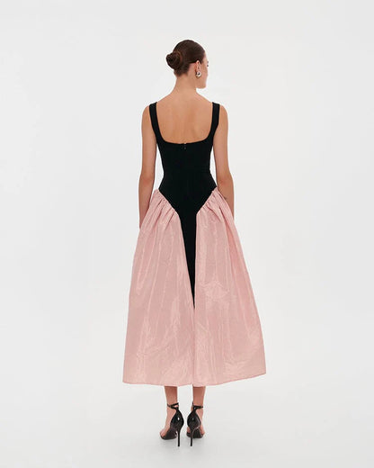 Midi Dress with Square Neckline, Fitted Corset Bodice and Overskirt with Front Slit