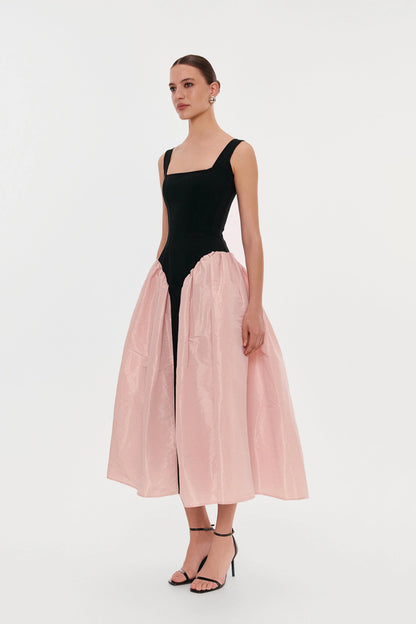 Midi Dress with Square Neckline, Fitted Corset Bodice and Overskirt with Front Slit