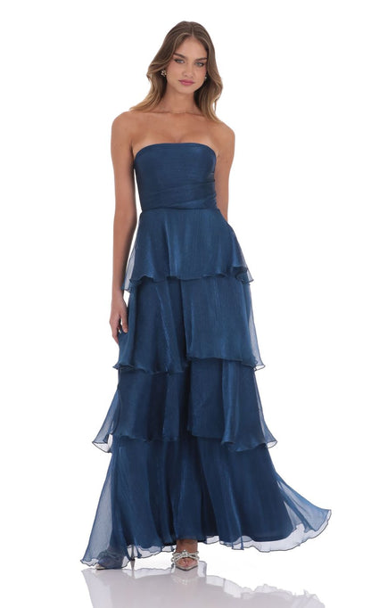 Midnight Blue Strapless Metallic Chiffon Evening Dress with Tiered Ruffled Skirt & Lace-Up Back