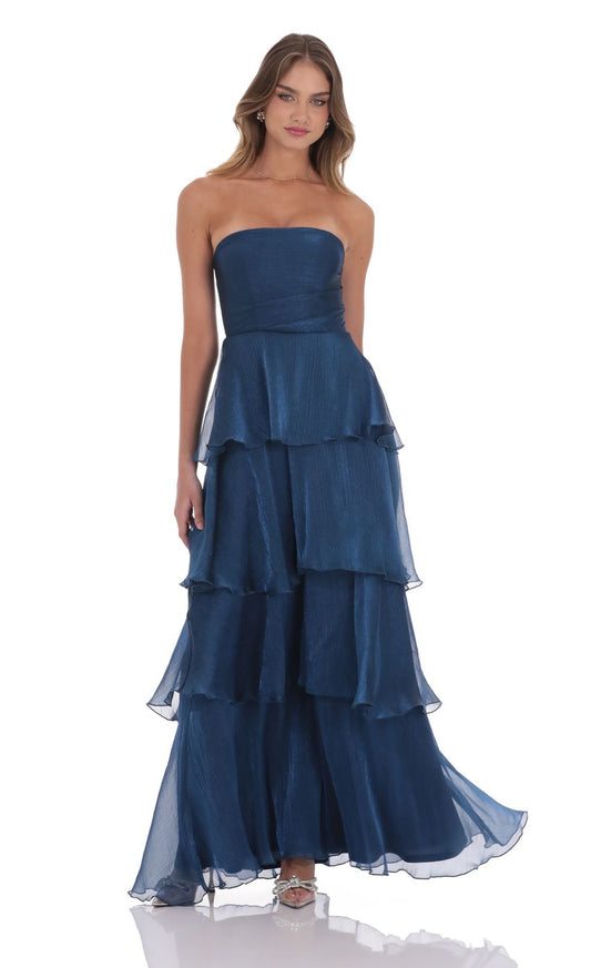 Midnight Blue Strapless Metallic Chiffon Evening Dress with Tiered Ruffled Skirt & Lace-Up Back