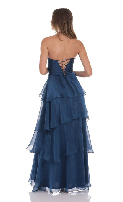 Midnight Blue Strapless Metallic Chiffon Evening Dress with Tiered Ruffled Skirt & Lace-Up Back