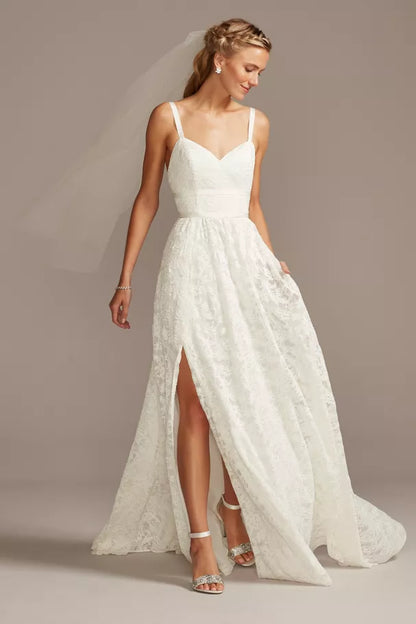 Minimal White Floral Lace Spaghetti Strap Sweetheart Low Back High Slit Chapel Train Wedding Dresses