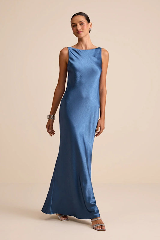 Satin Cowl Neck Backless Maxi Evening Dress for Formal Events and Bridesmaid Occasions
