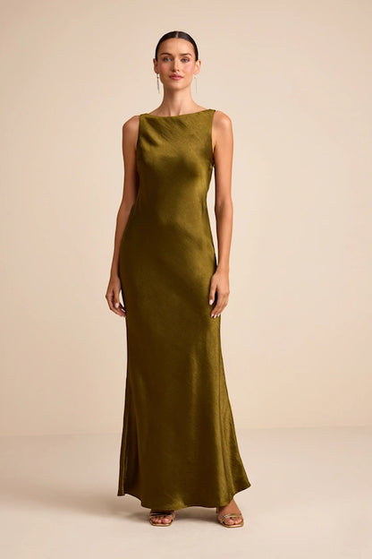 Satin Cowl Neck Backless Maxi Evening Dress for Formal Events and Bridesmaid Occasions