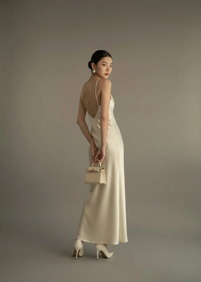 Minimalist Satin Slip Cowl Neck Thin Spaghetti Strap Open Back Floor-Length Evening Dress for Formal Events and Special Occasions