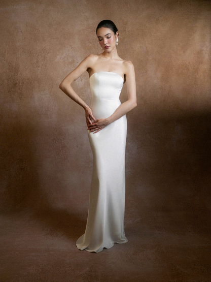 Minimalist Strapless Mermaid Corset-Back Capelet Overlay Floor-Length Satin Evening Dress