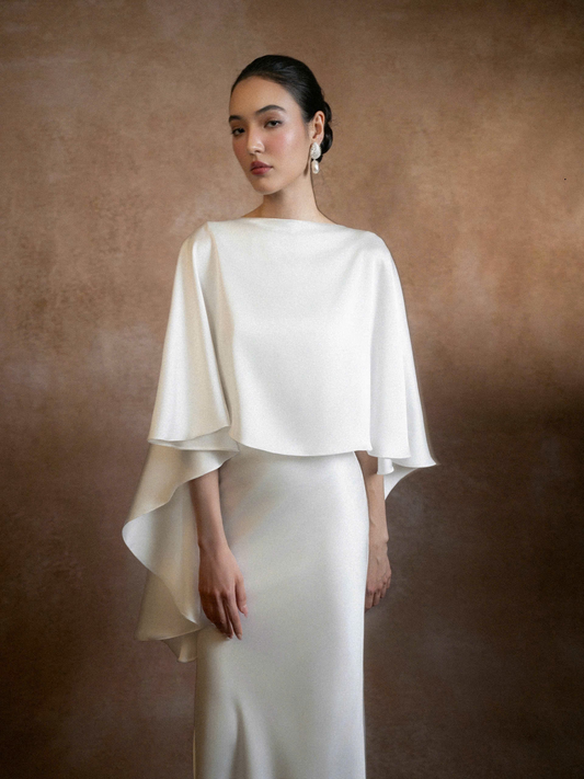 Minimalist Strapless Mermaid Corset-Back Capelet Overlay Floor-Length Satin Evening Dress
