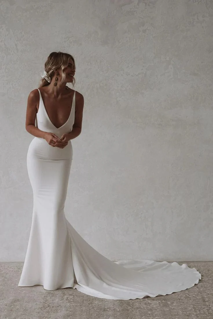 Minimalist White Mermaid V Neck Spaghetti Straps Cowl Back Floor Length Prom Dresses