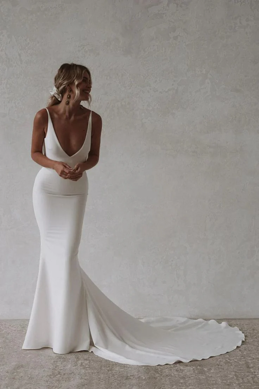 Minimalist White Mermaid V Neck Spaghetti Straps Cowl Back Floor Length Prom Dresses