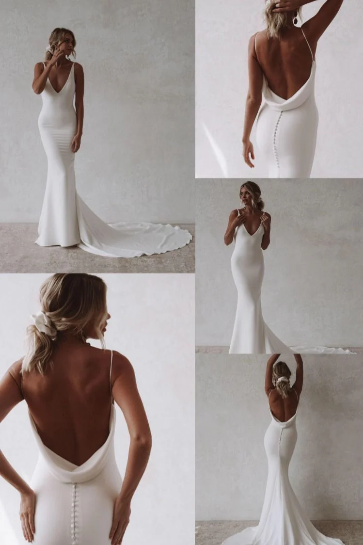 Minimalist White Mermaid V Neck Spaghetti Straps Cowl Back Floor Length Prom Dresses