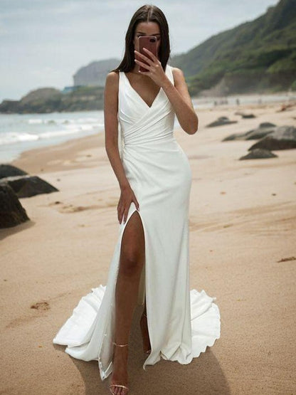 Minimalist Mermaid V Neck Sleeveless Ruched High Slit Sweep Train Satin Wedding Dress