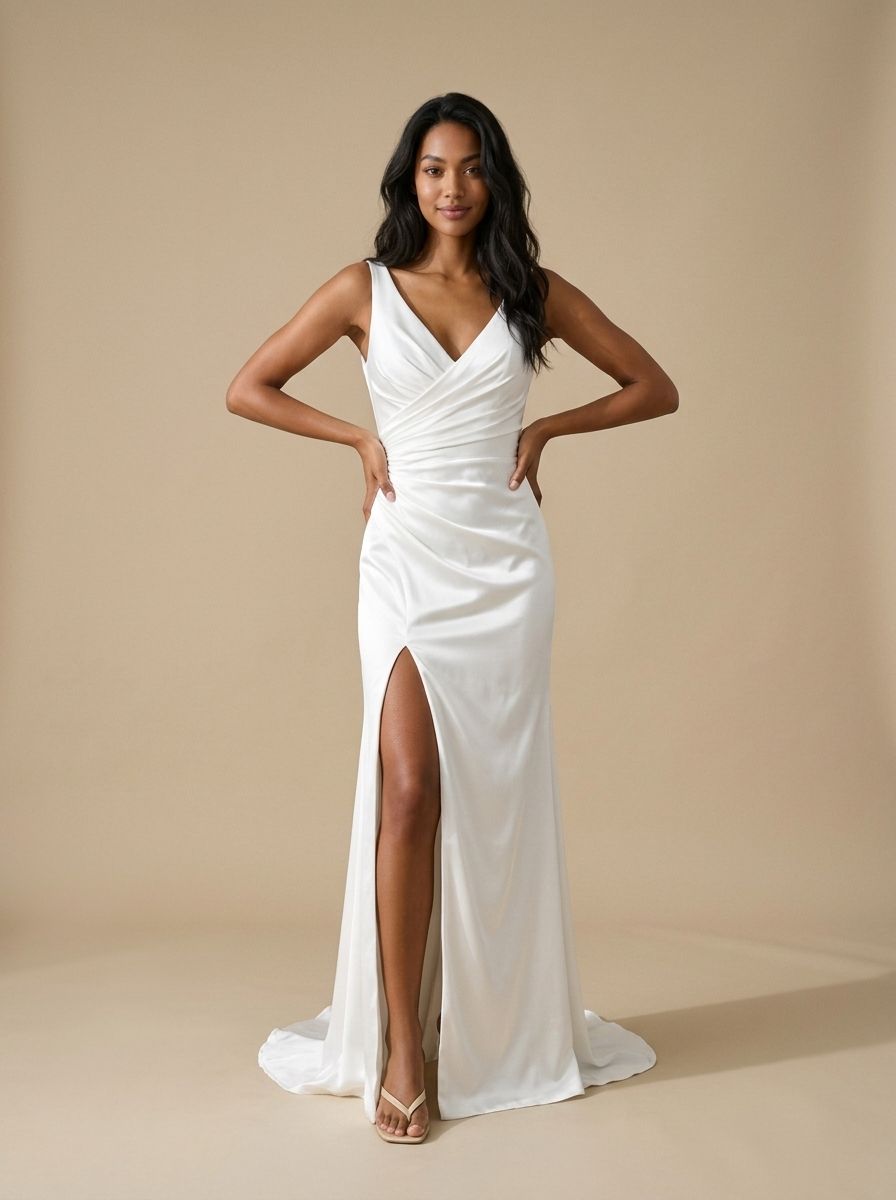 Minimalist Mermaid V Neck Sleeveless Ruched High Slit Sweep Train Satin Wedding Dress