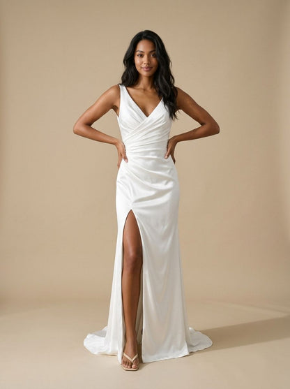 Minimalist Mermaid V Neck Sleeveless Ruched High Slit Sweep Train Satin Wedding Dress