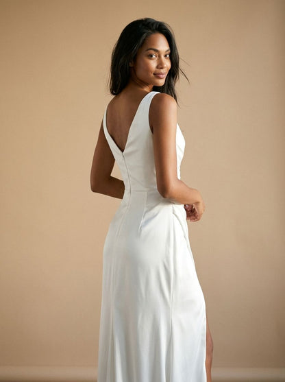 Minimalist Mermaid V Neck Sleeveless Ruched High Slit Sweep Train Satin Wedding Dress