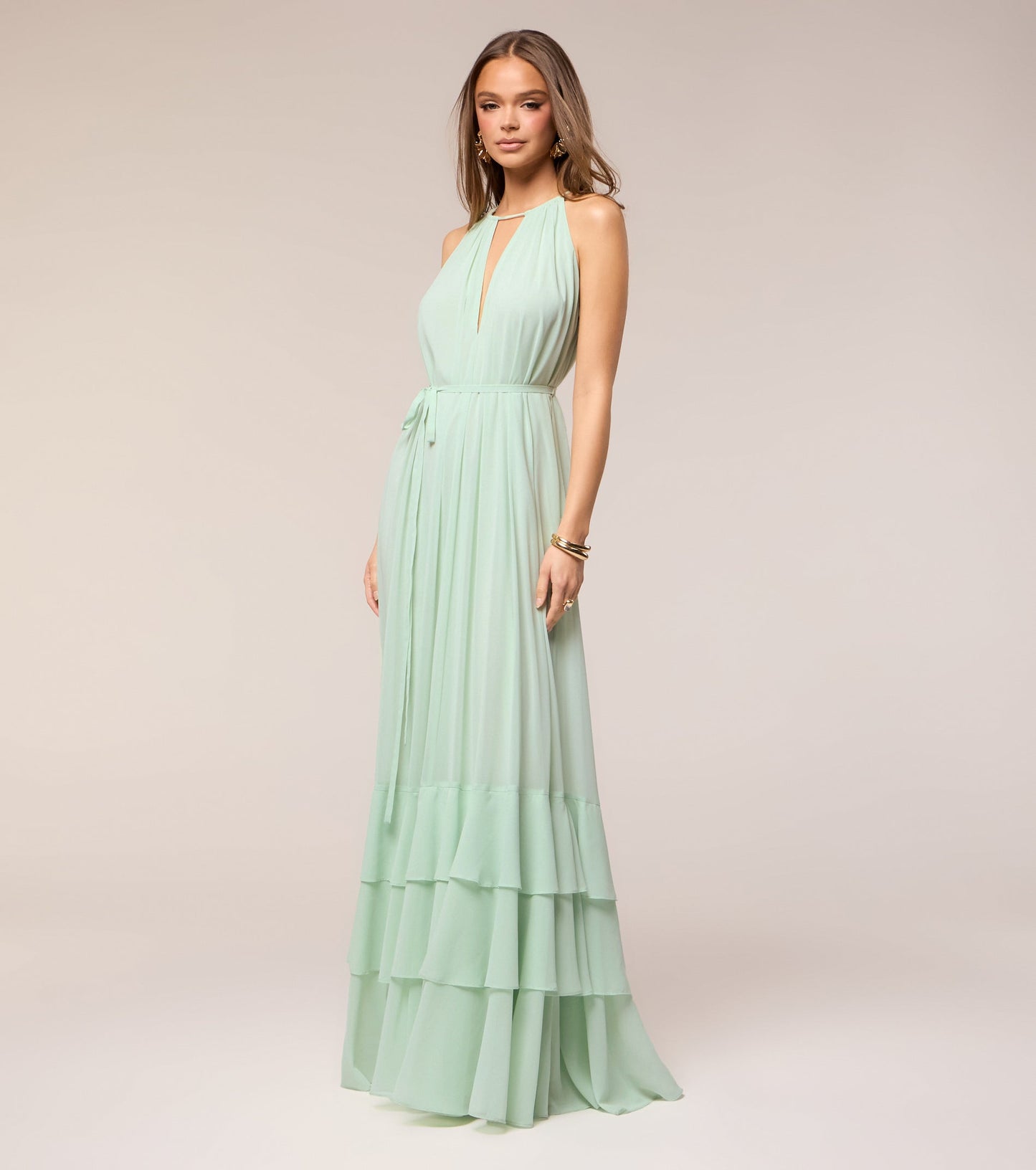 Elegant Mint Chiffon A-Line Halter Keyhole Tiered Open Back Evening Dress