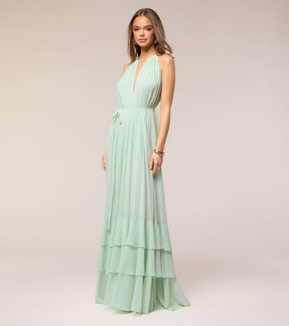 Elegant Mint Chiffon A-Line Halter Keyhole Tiered Open Back Evening Dress