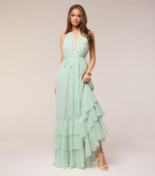 Mint Chiffon A-Line Halter Keyhole Sleeveless Tiered Open Back Floor Length Evening Dress