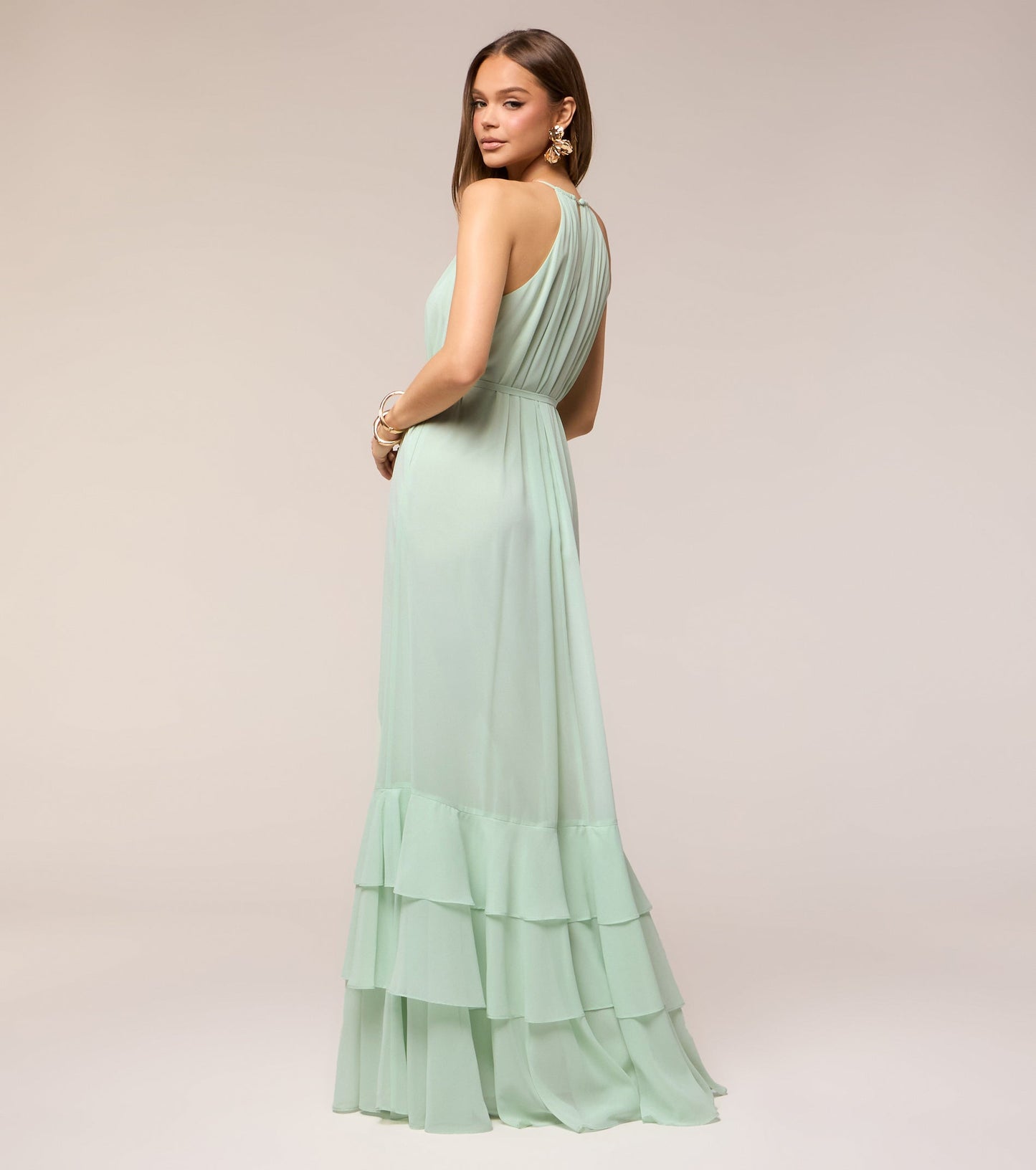 Elegant Mint Chiffon A-Line Halter Keyhole Tiered Open Back Evening Dress