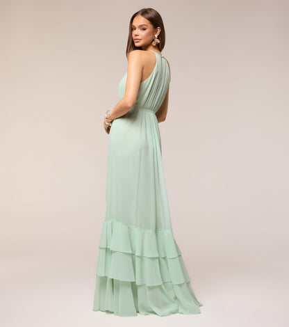 Elegant Mint Chiffon A-Line Halter Keyhole Tiered Open Back Evening Dress