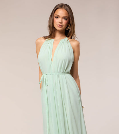Elegant Mint Chiffon A-Line Halter Keyhole Tiered Open Back Evening Dress