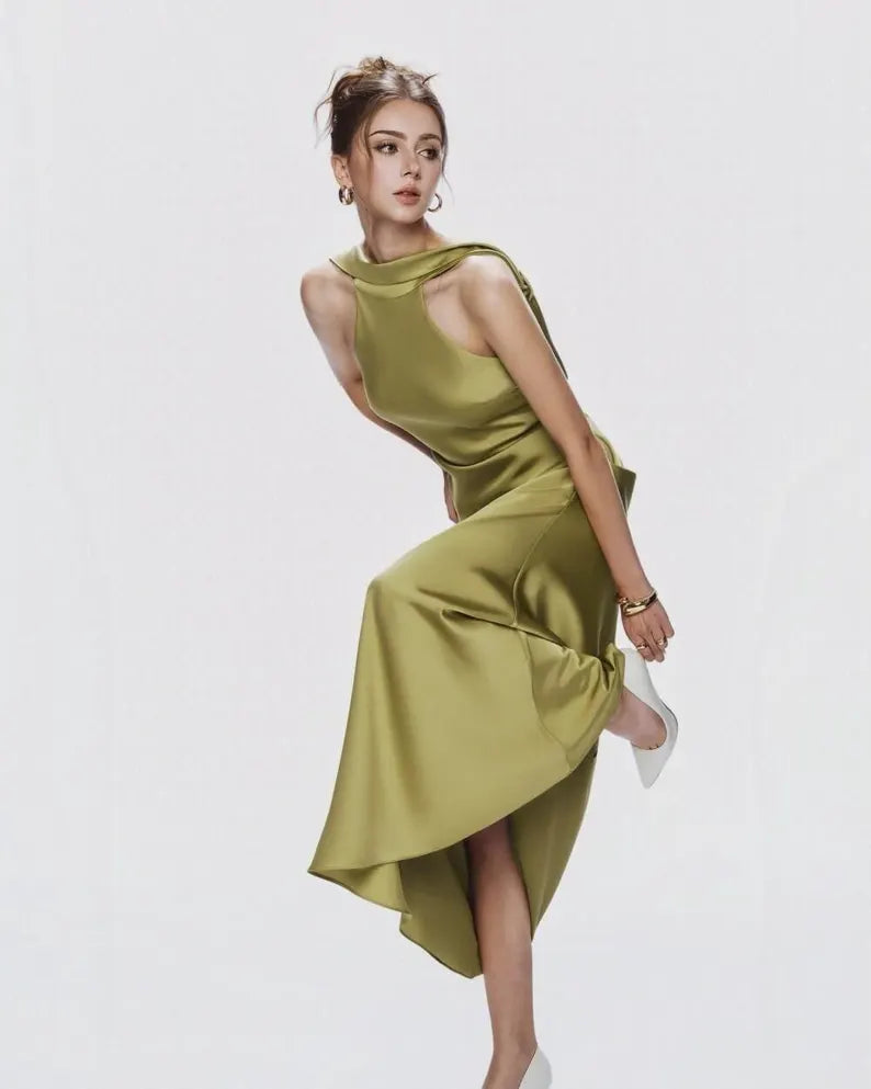 Modern Convertible Satin Evening Dresses with Halter Neckline, Draped Cowl Back Detail, Twist Strap Accents and Sleek Column Silhouette Formal Gown
