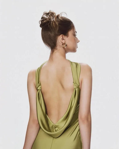 Modern Convertible Satin Evening Dresses with Halter Neckline, Draped Cowl Back Detail, Twist Strap Accents and Sleek Column Silhouette Formal Gown