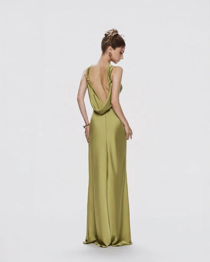Modern Convertible Satin Evening Dresses with Halter Neckline, Draped Cowl Back Detail, Twist Strap Accents and Sleek Column Silhouette Formal Gown