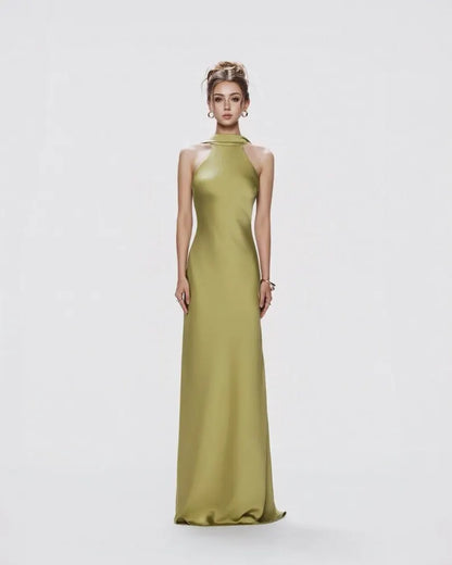 Modern Convertible Satin Evening Dresses with Halter Neckline, Draped Cowl Back Detail, Twist Strap Accents and Sleek Column Silhouette Formal Gown