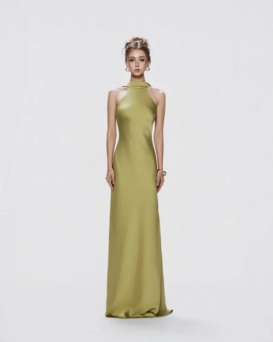 Modern Convertible Satin Evening Dresses with Halter Neckline, Draped Cowl Back Detail, Twist Strap Accents and Sleek Column Silhouette Formal Gown