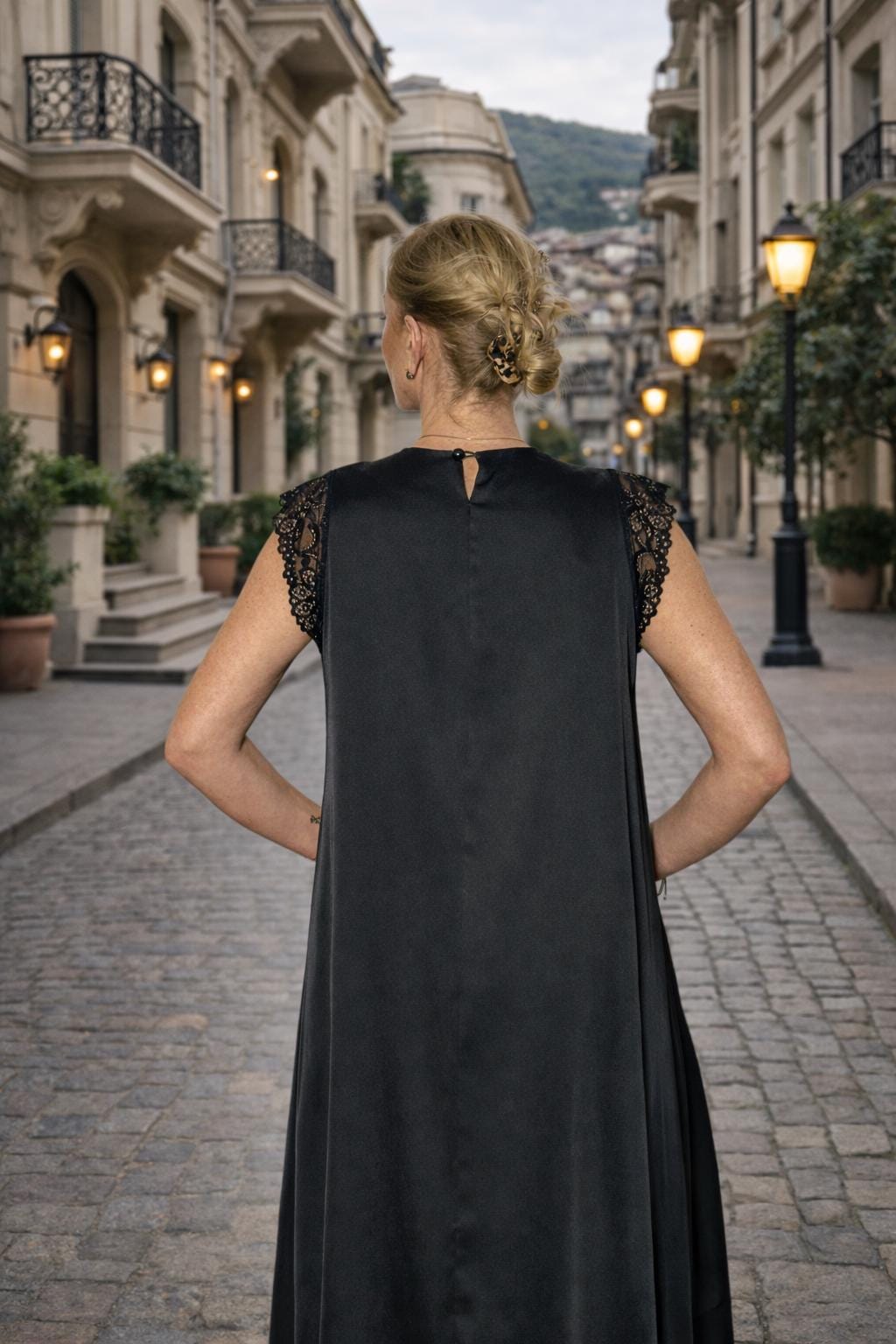 Modern Satin Evening Dress with Lace Trim, Side Slit and Relaxed Silhouette