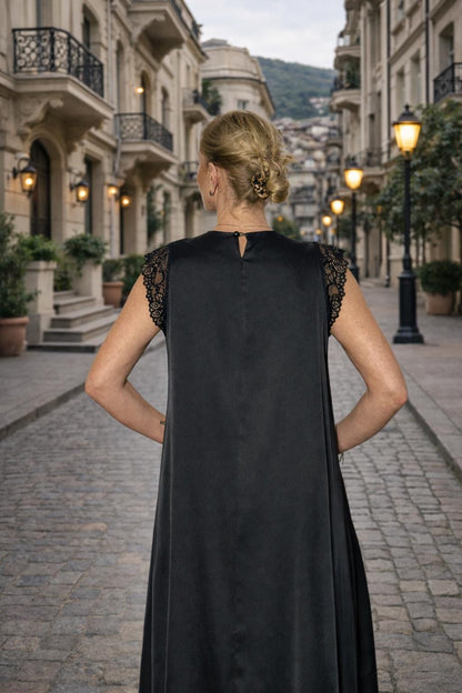 Modern Satin Evening Dress with Lace Trim, Side Slit and Relaxed Silhouette
