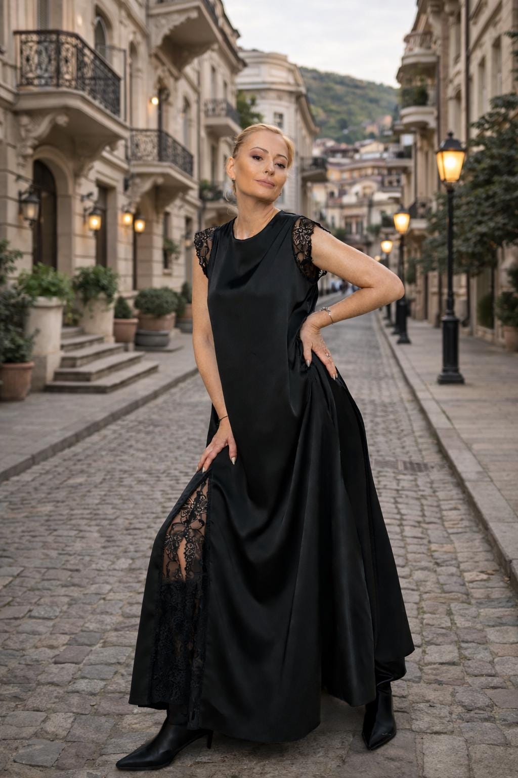Modern Satin Evening Dress with Lace Trim, Side Slit and Relaxed Silhouette