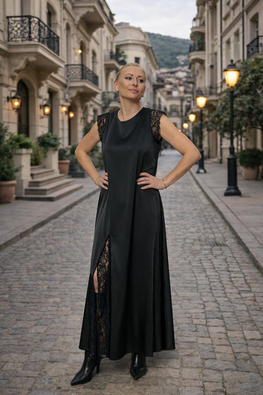 Modern Satin Evening Dress with Lace Trim, Side Slit and Relaxed Silhouette