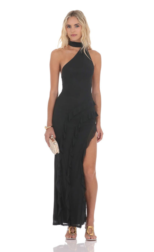 Modern One-Shoulder Halter Neck Open Back Ruffle Trim Maxi Evening Dress with High Slit