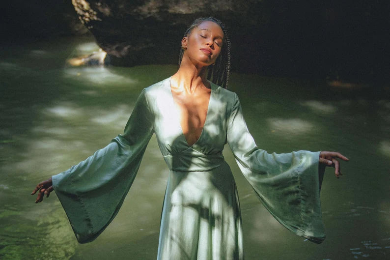 Mythical Sage Green Satin Evening Dresses with Bell Sleeves, Plunge V-Neck, Open Back and Flowing Maxi Silhouette Formal Gown