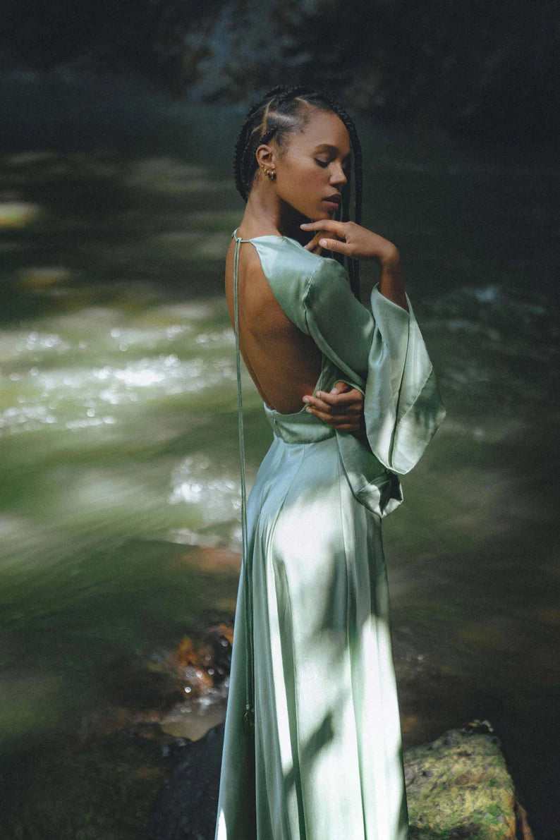 Mythical Sage Green Satin Evening Dresses with Bell Sleeves, Plunge V-Neck, Open Back and Flowing Maxi Silhouette Formal Gown