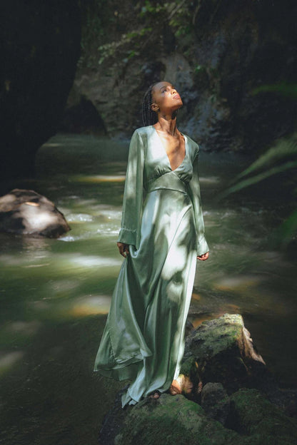 Mythical Sage Green Satin Evening Dresses with Bell Sleeves, Plunge V-Neck, Open Back and Flowing Maxi Silhouette Formal Gown