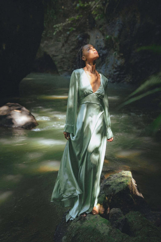 Mythical Sage Green Satin Evening Dresses with Bell Sleeves, Plunge V-Neck, Open Back and Flowing Maxi Silhouette Formal Gown
