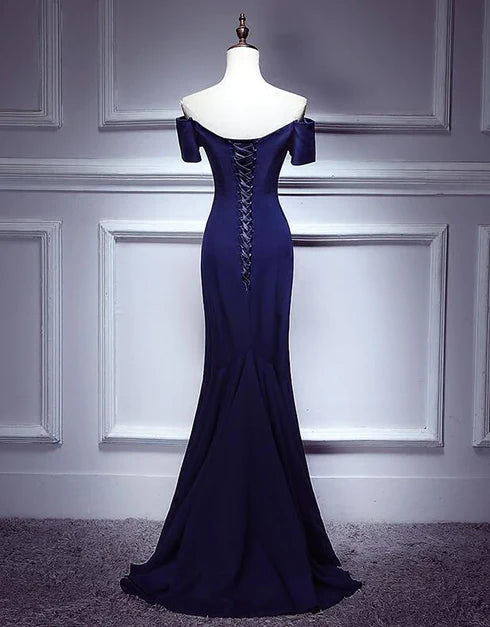 Navy Blue Mermaid Sweetheart strapless backless long evening dress, blue sleeveless and floor length evening dress