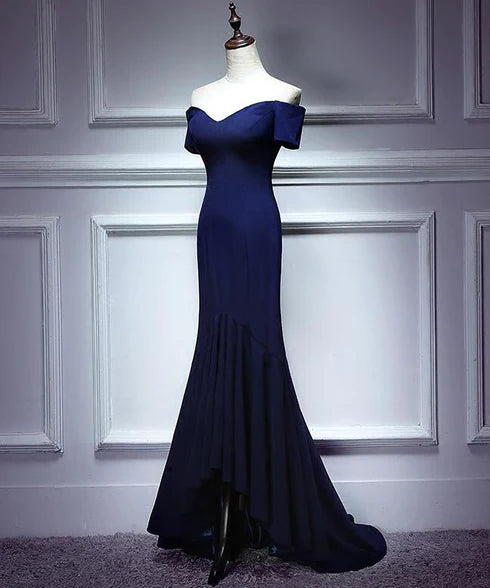 Navy Blue Mermaid Sweetheart strapless backless long evening dress, blue sleeveless and floor length evening dress
