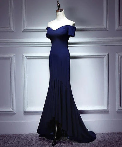 Navy Blue Mermaid Sweetheart strapless backless long evening dress, blue sleeveless and floor length evening dress