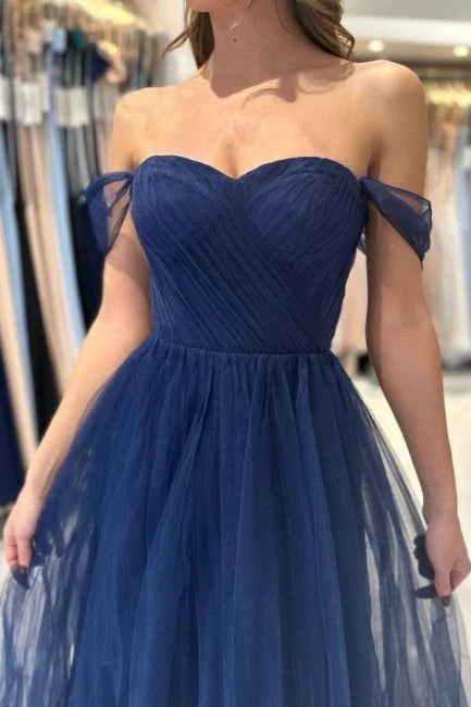 Elegant Navy Blue Tulle A-Line Off-Shoulder Sweetheart Floor-Length Prom Gown