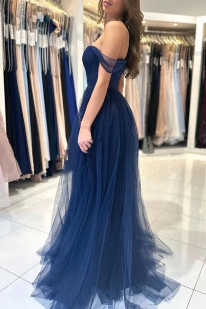 Elegant Navy Blue Tulle A-Line Off-Shoulder Sweetheart Floor-Length Prom Gown