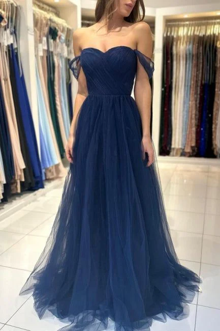 Navy Blue Tulle Off-the-Shoulder Sweetheart A-Line Floor-Length Prom Dress