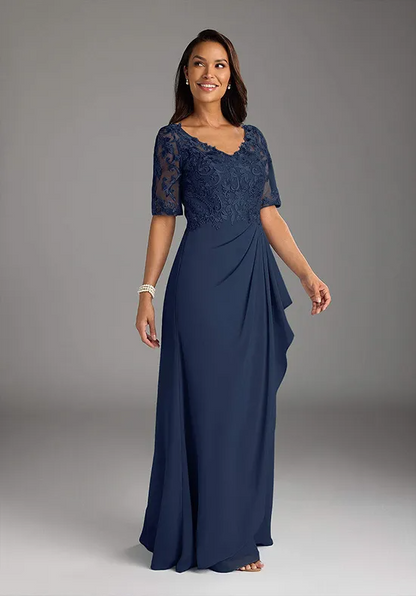 Navy Chiffon V-Neck Half Sheer Lace Bodice Draped Side Ruffle Floor Length Mother of the Bride Dress
