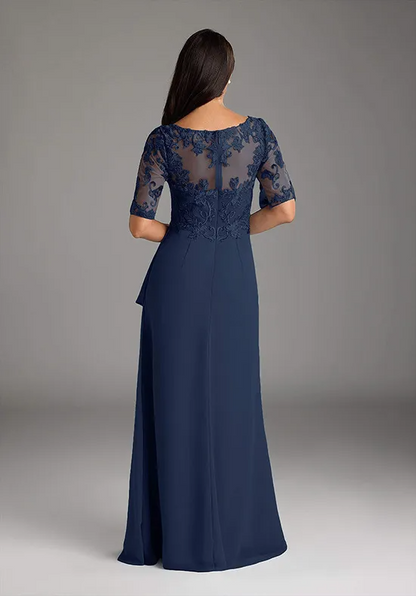 Navy Chiffon V-Neck Half Sheer Lace Bodice Draped Side Ruffle Floor Length Mother of the Bride Dress