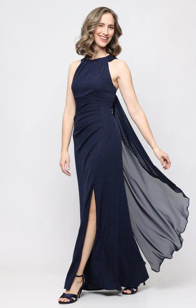 Navy Glitter Halter Ruched Waist High Slit Back Chiffon Cape Floor Length Formal Mother of Bride Dress