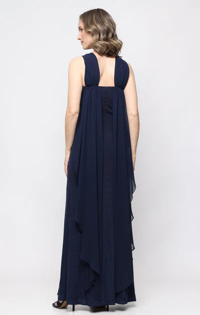 Navy Glitter Halter Ruched Waist High Slit Back Chiffon Cape Floor Length Formal Mother of Bride Dress