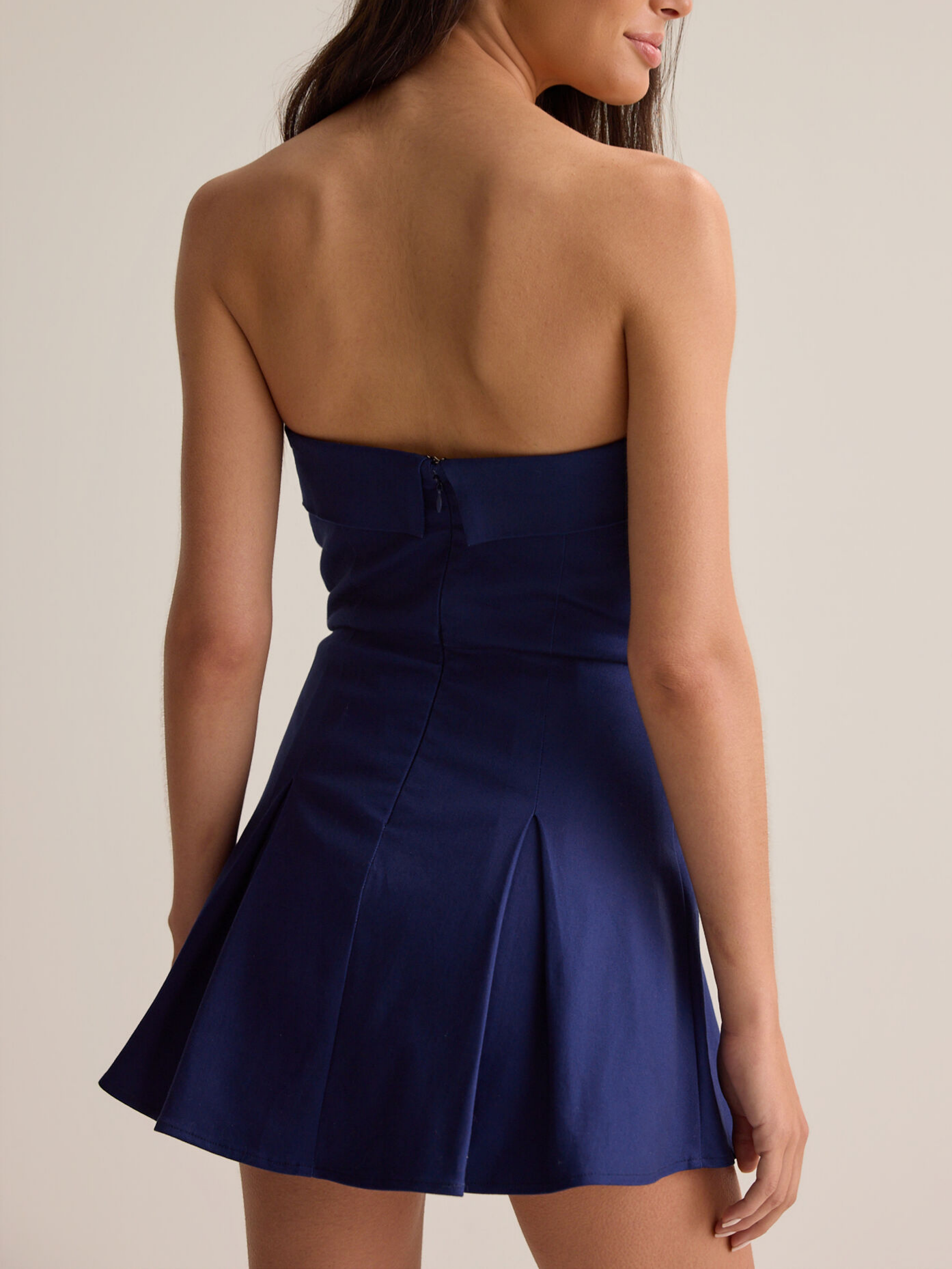 Navy Matte Woven Strapless Fold Top Dual Bow Pleated Flare A-Line Mini Homecoming Dresses