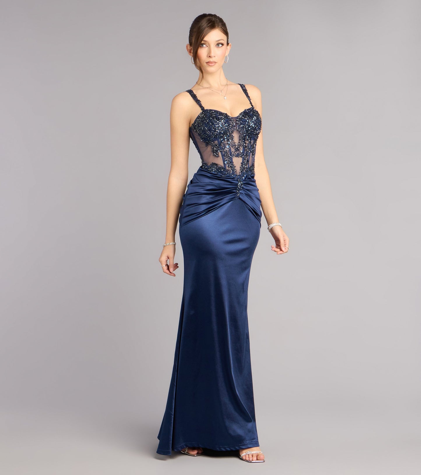 Elegant Satin Mermaid Sweetheart Spaghetti Strap Beaded Navy Evening Gown
